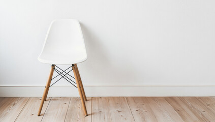 Sleek white chair resting on pale wooden flooring, complementing pristine white wall with understated minimalist design aesthetic