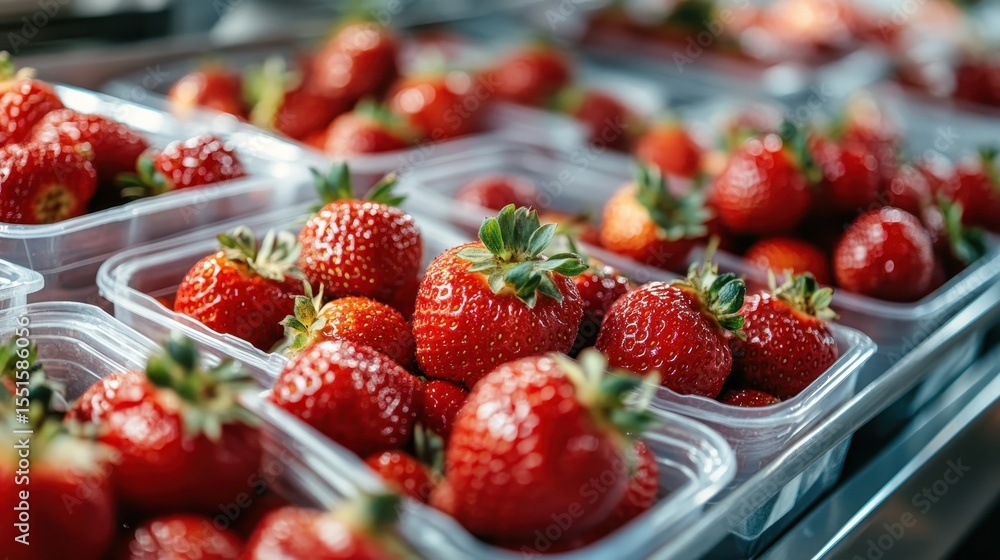 Poster this image showcases vibrant red strawberries neatly arranged in transparent containers, emphasizing