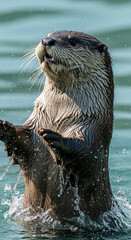 Fototapeta premium Wet otter standing in water, paws raised, fur textured, water droplets visible. Shows wildlife, nature, aquatic animal