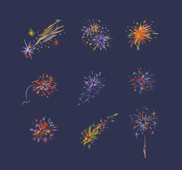 Fireworks with stars, sparks and firecracker drawing in multicolored on blue background