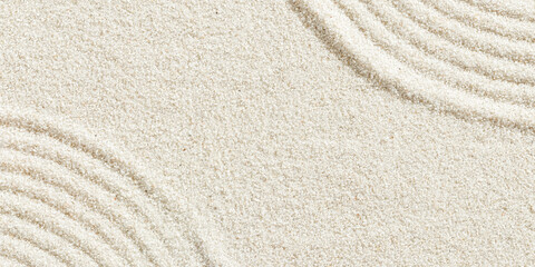 Top view banner in Japanese Zen Garden with close up lines pattern on sand, meditation and relaxation vibes. Aesthetic minimal sandy background with copy space, beige monochrome neutral tones