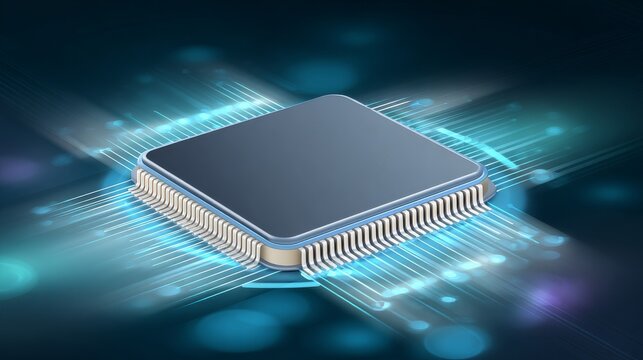 Square-shaped computer chip with metallic surface and parallel pins, glowing blue lines representing electrical signals, dark futuristic background with gradient blues and purples.