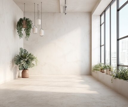 Modern interior, white walls, large window with light and plants on the right side of the room, light beige concrete floor, soft lighting from hanging lamps, minimalist design, bright daylight. 