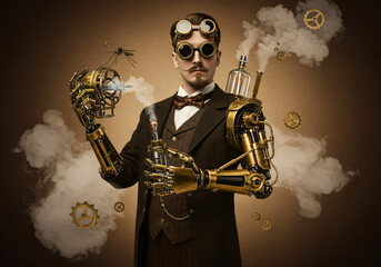 A dapper gentleman in Victorian-era clothing with brass goggles and mechanical arm attachments, holding an ornate steam-powered mosquito elimination device, surrounded by floating gears and soft steam