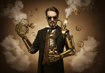 A dapper gentleman in Victorian-era clothing with brass goggles and mechanical arm attachments, holding an ornate steam-powered mosquito elimination device, surrounded by floating gears and soft steam