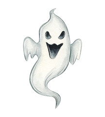 Artistic representation of a playful cartoon ghost with a mischievous expression and floating form