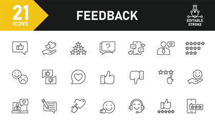Feedback line icon set. Set of 21 outline icons related to feedback, customer review, rating, review, like, dislike, comment and others. Editable stroke. Vector illustration.