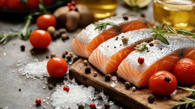 Three beautifully arranged salmon fillets with herbs, tomatoes, and spices create a vibrant culinary scene, emphasizing freshness and quality in preparing delicious dishes.