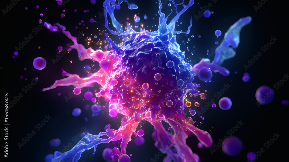 Aufkleber a vibrant, close-up visualization of a cell or virus with dynamic purple and blue extensions, surrou