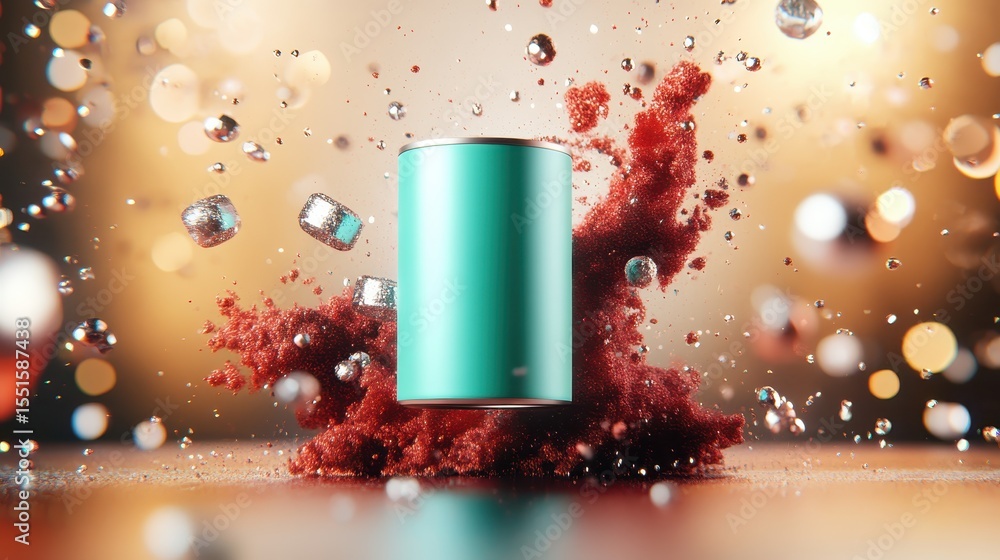 Poster an artistic rendering of a turquoise canister emerges from a burst of vibrant colors and shapes, emb