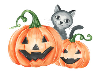 Cute Halloween cat peeking from behind carved pumpkins with smiling faces in a playful autumn setting