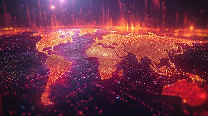 Global digital map, vibrant fiery tones