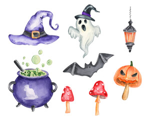 Colorful Halloween themed illustrations featuring a witch hat, ghost, bat, pumpkin, and cauldron among other decorations