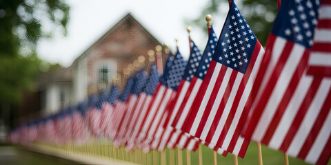 A solemn display of small American flags arranged in rows, honoring service and sacrifice, with a blurred background suggesting a community or memorial setting.