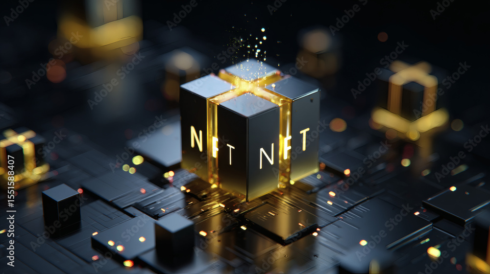 Poster a futuristic digital rendering of a glowing cube with the word 