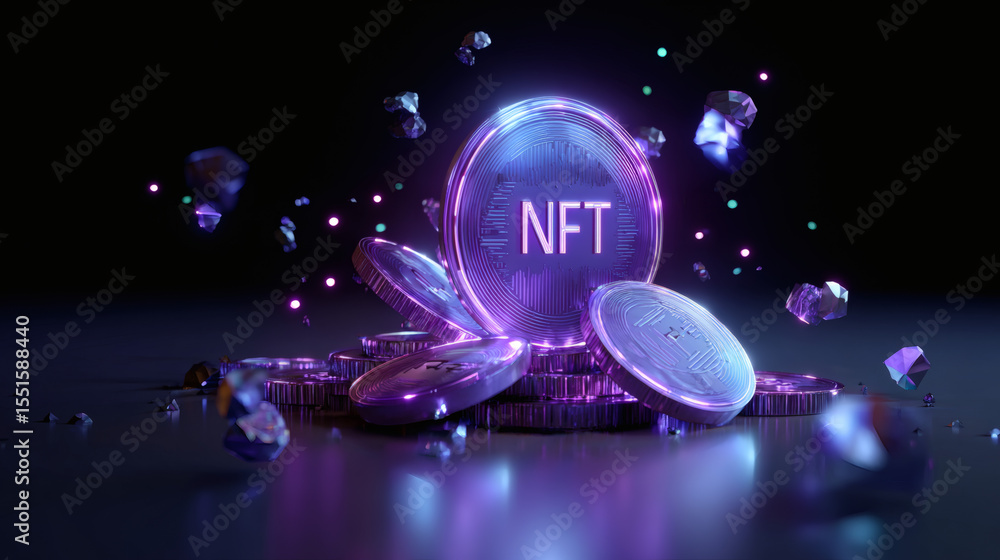 Poster shiny digital coins labeled nft glow purple in a futuristic, dark setting with floating geometric sh