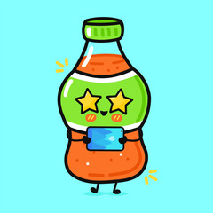 A delightful cartoon soda bottle character is using a tablet with joy on a vibrant blue backdrop.