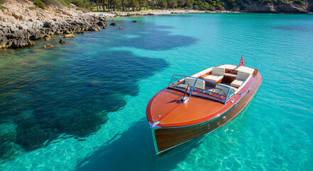 Fototapeta premium Classic wooden boat floats in turquoise water near rocky shore, showcasing luxury and summer leisure, ideal for travel or nautical themes