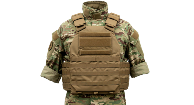 A close-up of a tan and green tactical military plate carrier vest on a camo uniform.