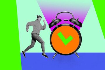 Full 3d zine pop trend collage of happy girl guy stand alarm clock checkmark approval symbol expire limit timetable regime