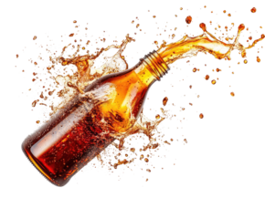 Sparkling soda bottle erupting in a splash