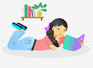 girl young kid reading a book while lying on the floor. relaxing resting time with story in interesting book. illustration vector on white background for design .