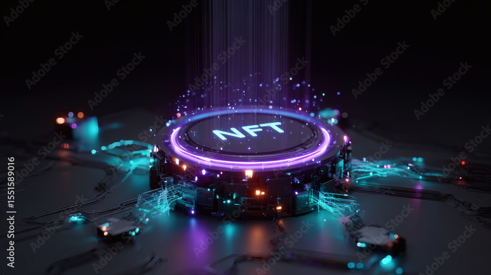Aufkleber a futuristic digital representation of an nft token glowing with neon lights on a high-tech circuit 