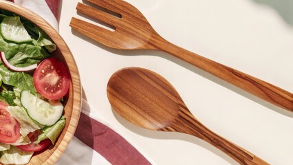 Fresh garden salad in a wooden bowl with wooden salad servers on a striped cloth, showcasing a healthy and natural meal setting.