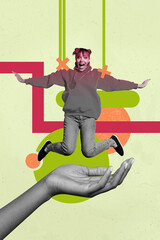Vintage collage of person with hand hold tied control by lines on green background
