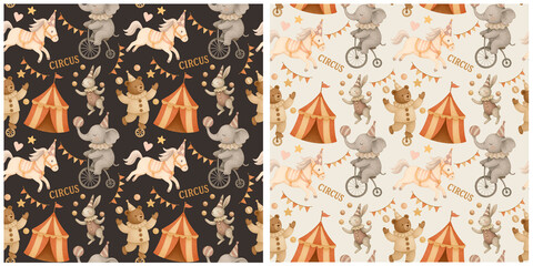 Seamless children's pattern with illustrations of cute watercolor Circus Animals on dark background. Kids circus watercolour ornament with seam  for design, fabric, and packaging, wrapping, wallpaper © Julia