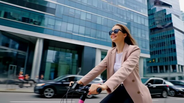  Tracking shot of a cheerful young businesswoman in sunglasses riding an eco-friendly electric bike down a city street. Modern office buildings and traffic create a dynamic urban background. 