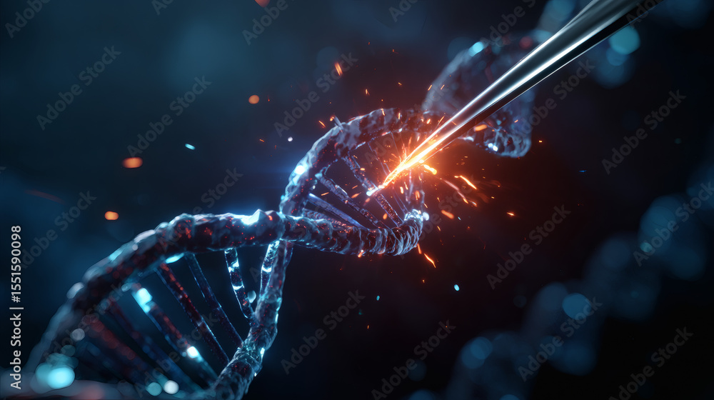 Poster a dna strand is being precisely edited with a glowing tool, symbolizing gene editing or genetic engi