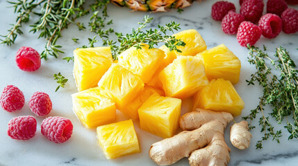 Fresh Cocktail Garnishes. Fresh cocktail garnish board with pineapple chunks, raspberries, thyme, and ginger on a marble surface.
