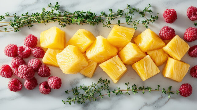 Fresh Fruit Cocktail Garnishes. A vibrant arrangement of fresh pineapple chunks, ripe raspberries, and sprigs of thyme, beautifully presented on a marble surface. - Powered by Adobe