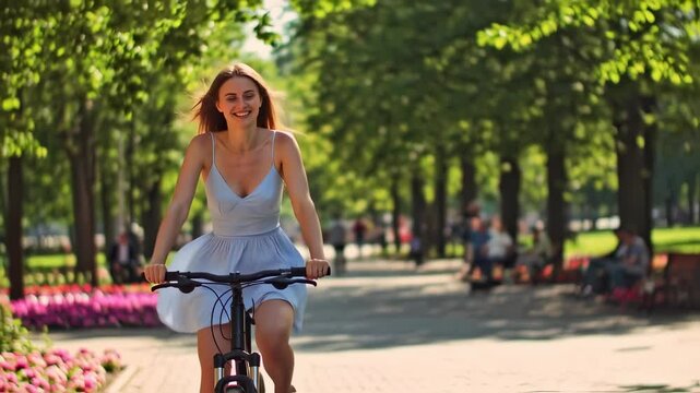  On a bright sunny day, a beautiful young woman enjoys a bike ride through a vibrant city park. Her hair blows in the wind as she cycles along a path surrounded by lush trees and flowers. 