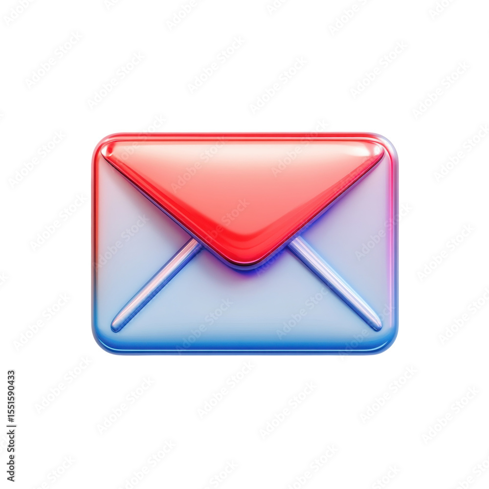 Poster glossy red and blue envelope icon email communication and messaging on transparent background