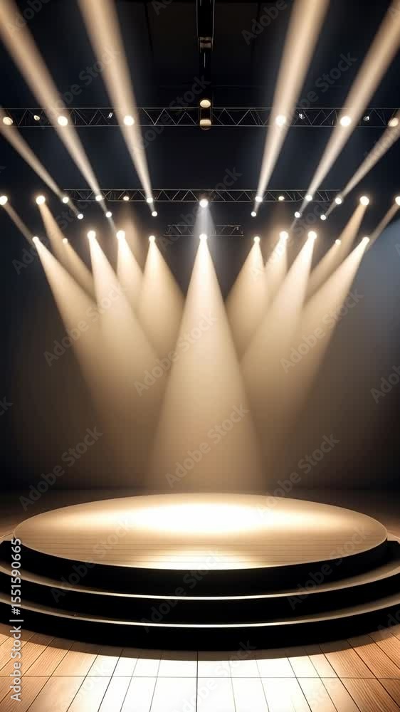 Poster illuminated stage with spotlights and dark background, creating a theatrical performance setting for