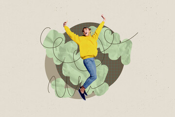 Creative pop poster sketch art collage of happy girl jump dance weekend occasion chill party mood...