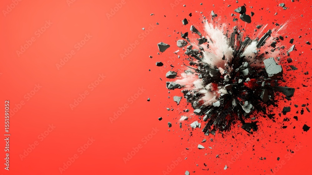 Poster an abstract image showcasing an explosive burst of debris against a striking red background, evoking