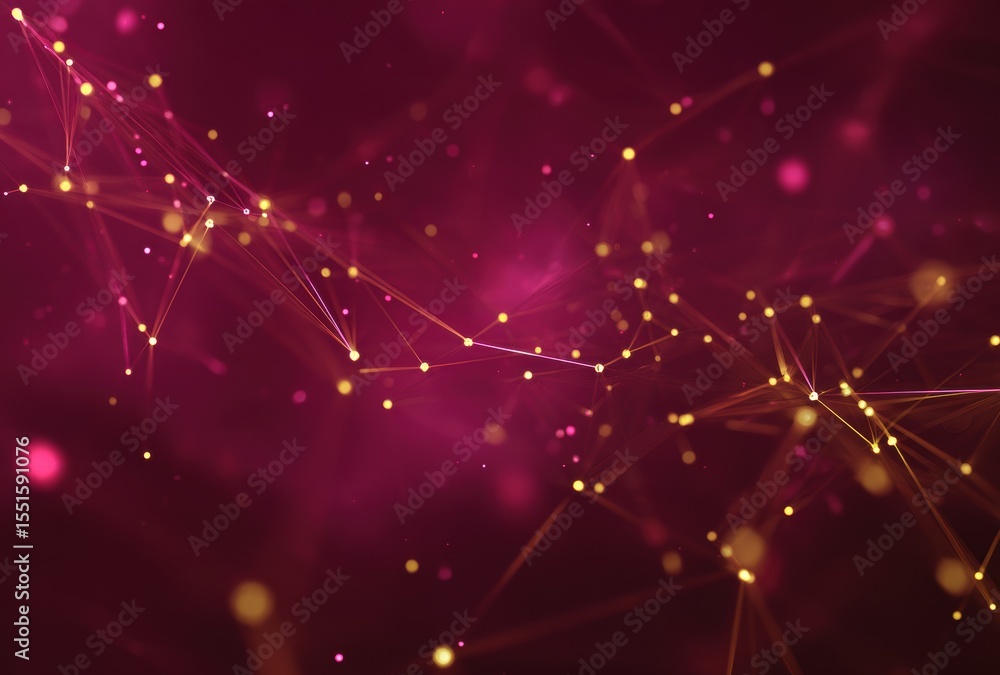 Poster a complex network of glowing lines and dots against a dark maroon background