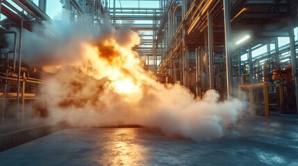Obraz premium A dramatic industrial scene captures the energy of a fiery explosion amidst pipes and machinery, symbolizing the raw power and potential risks in industry settings.