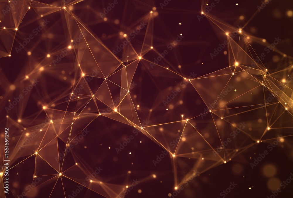 Poster abstract network of golden lines and glowing dots on a dark maroon background