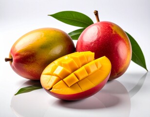 Slices of juicy mango, showcasing its beautiful color and succulent texture, ideal for food photography, recipes, or conveying a refreshing vibe, mango in white background
