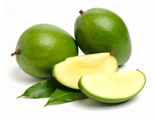 Slices of juicy mango, showcasing its beautiful color and succulent texture, ideal for food photography, recipes, or conveying a refreshing vibe, mango in white background