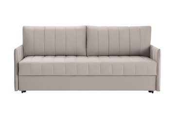 Modern beige sofa with clean lines in minimalist design front view isolated on transparent...
