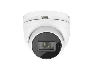 White surveillance camera with black lens isolated on transparent background