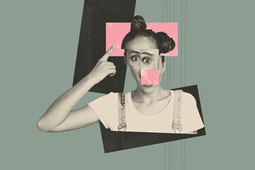Composite 3D collage trend artwork design of portrait young lady finger point mind eyes confused...