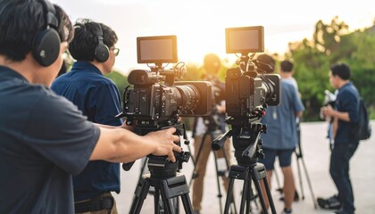 Film crew operating professional video cameras on tripods outdoors Multiple cameramen filming a scene