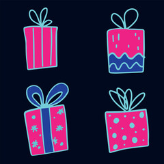 Cute hand-drawn present boxes on dark background with doodle bows, festive vector perfect for seasonal greeting designs
