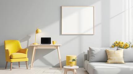 A chic modern home office features a yellow armchair, wooden desk with a laptop, and a blank framed poster, accented by bright yellow decor and a grey sofa
